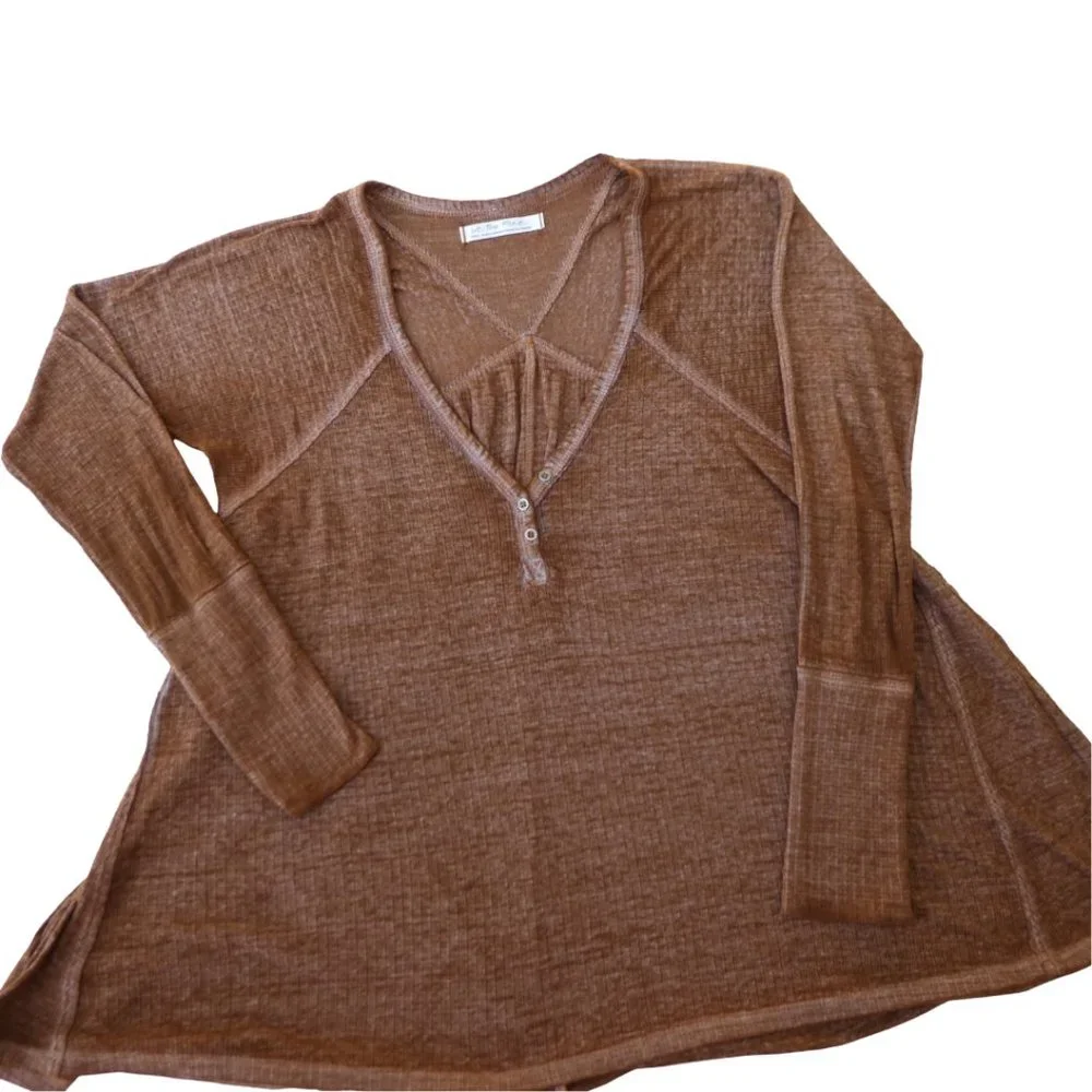 We The Free People Brown Babydoll Henley Swing Long Sleeve Oversized Thermal S